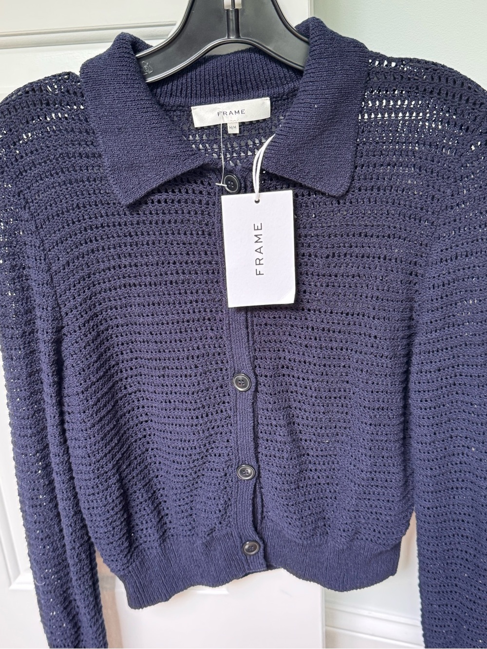 Frame The Shrunken Cardi / Navy Open-Knit Sweater - Picture 3 of 9